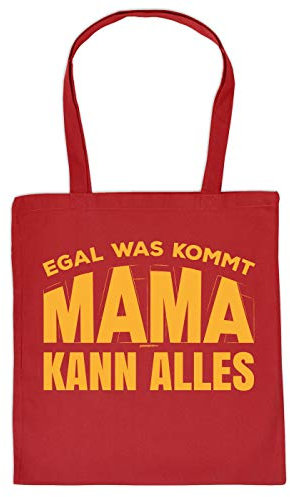 Mama Geschenk-Tasche - Sprüche Baumwolltasche Mutter : Egal was kommt Mama kann Alles - Einkaufstasche Eltern - Stoff-Tasche Mami - Farbe: Rot