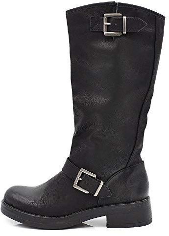 IF Fashion Scarpe Stivali da Donna al Polpaccio Biker Motociclista con Fibbie Anfibi 1821-2 Nero N.37