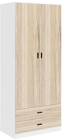 URBNLIVING Tall Wooden White 2 Door Wardrobe With 2 Drawers Bedroom Storage Hanging Bar Clothes (White Carcass + Oak Drawers)