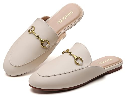 Minorsu Buckle Mules for Women Round Toe Backless Flat Mules Slides Mules Shoes Ladies Slip-on Loafers