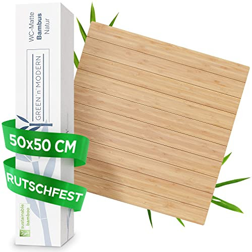 Green'n'Modern Toilettenmatte Bambus I Klomatte 50 x 50 cm WC Vorleger aus Holz I WC Matte Bambusbadematte I Badteppich für Hängetoilette I Toilettenvorleger Duschvorleger I Matte für Badezimmer
