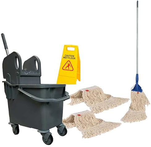 Complete 25l Mop and Bucket Set With Warning Sign by Bayersan- Full Floor Cleaning Bucket & Cleaning Bundle Kit For Household & Commercial Use - 3 X Squeeze Mop Heads (Grey)