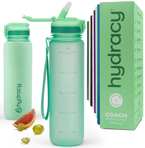 Hydracy Motivations Wasserflasche mit Zeitmarkierung & Strohhalmdeckel 1L | BPA-frei, auslaufsicher,Neoprenhülle,Tragegurt,tägliche Flüssigkeitsaufnahme-Überwachung für Fitness und Outdoor