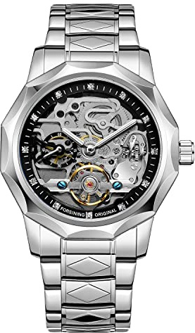 BOLYTE Tourbillon Design Herr analog automatisk rostfritt stål armbandsur mekaniskt skelett manlig klocka, 8240-silver svart, Lyxigt mode