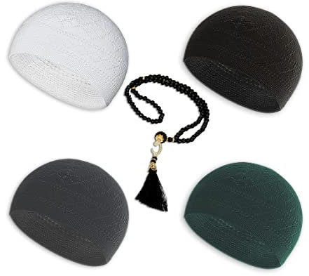 ESERRA Kufi Hüte für Männer Muslim Gebetsmütze Handwerk Taqiyah Taqiyah Taqiyah Cap Muslim Tasbih 99 Perlen Muslimische Gebetskette, Weiß, Schwarz, Grau und Grün, Einheitsgröße