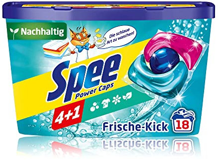 Spee Power Caps Frische-Kick 4 + 1 (18 Waschladungen), Kapsel, Vollwaschmittel für helle und weiße Wäsche, vordosiertes Waschmittel vereint Reinheit, Strahlkraft, Extra Frische & Nachhaltigkeit