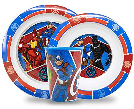 Sorrisini Set di stoviglie riutilizzabili per bambini Avengers, Set da pappe bambini, Stoviglie con piatto, ciotola per cereali e bicchiere, Set da colazione n plastica adatto per microonde
