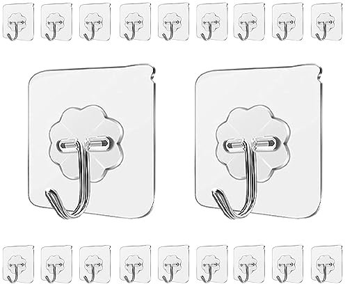 LABOTA Klebehaken Extra Stark, 20 Stück Haken Selbstklebend Transparent Praktisch Klebenägel Wand, Adhesive Hooks für Küche Badezimmer Wand & Decke Aufhänger, Max 10kg