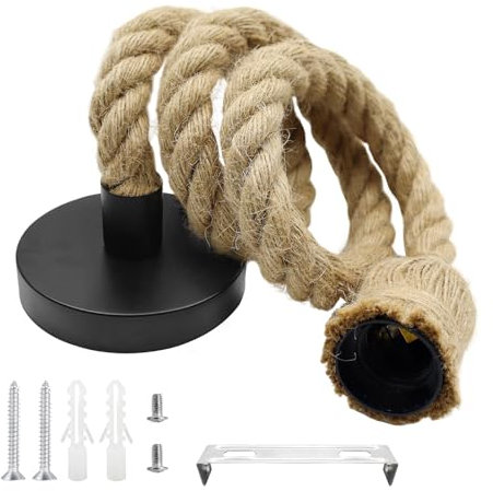 Retro Hanfseil Kronleuchter Vintage Hanfseil E27 Lampenfassung Retro DIY Industrielle Hanfseillampe Pendellampe Kit für Küche Cafe Bar Lager Bauernhof, Ohne Birne (1)