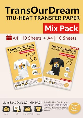 TransOurDream Iron-on Printable Heat Transfer Vinyl 3.0 Transfer Paper for Dark and Light Colored Fabrics-Inkjet & Laser Printer Mix Pack 10+10 Sheets A4