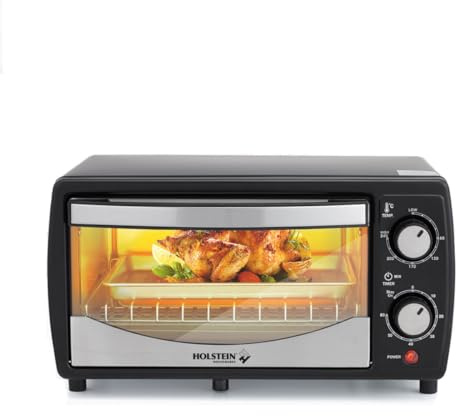 Holstein Housewares 4 Slice Countertop Toaster Oven with 60 Minute Timer Includes Pan and Wire Rack, Perfect for Baking, Broiling, and Toasting Compact Design in Sleek Black for Convenient Kitchen Use