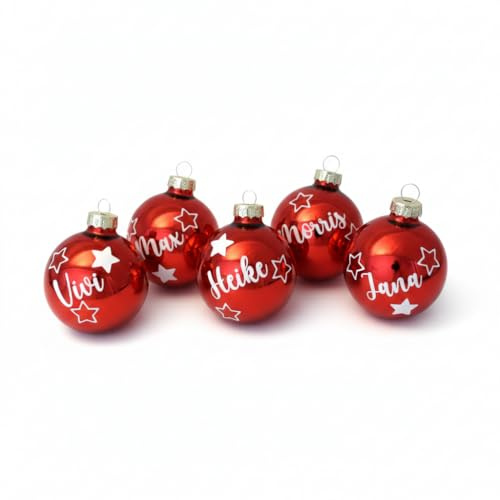 5x Weihnachtskugel verschiedene Farben und Motive mit Namen personalisiert (6 cm, glänzend, rot)