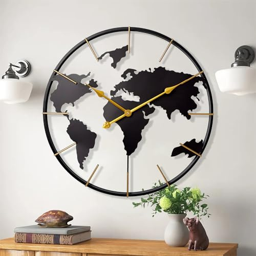 KEQAM Large World Map Wall Clock,Metal Minimalist Modern Clock,Round Silent Non-Ticking Battery Operated Wall Clocks for Living Room/Home/Kitchen/Bedroom/Office/Farmhouse Decor (30 Inch)