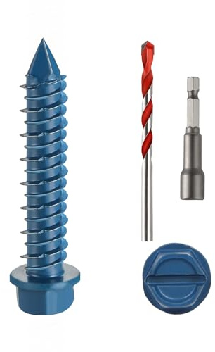 1/4 x 1-1/4 Concrete Screws, 100 PCS Blue Hex Washer Head Concrete Screws Anchor Kit with Drill Bit and Hex Bit Socket, for Masonry, Cement, Block, Brick or Stucco