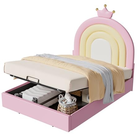 Azkoeesy Einzelbett, Polsterbett mit Lattenrost und Stauraum Bettkasten für Kinder und Mädchen, 90 x 200 cm, Prinzessinnenbett mit Krone, PU-Bezug, Rosa