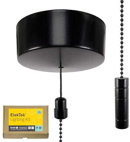 ElekTek UK Safety Approved Satin Black Bathroom Light Pull Switch Kit Black Cylinder & Chain, EN 60669-1 & CE Mark, Earth Terminal, 6A 250V, 1 or 2 Way use, Full Wiring Instructions