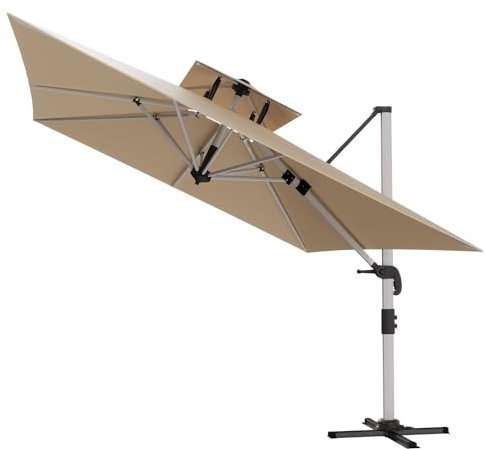 Devoko Alu Parasol Déporté 3x4 m LED+Housse,Parasol de Jardin Exterieur à Double Imperméable UV50+,Parasol Rectangulaire Angle Réglable Rotation à 360°,Fonction Antioxydante, Beige