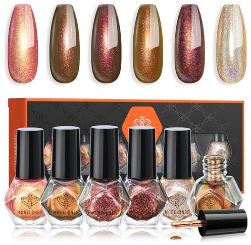 MODELONES Nagellack 6 Stück, Schnelltrocknend Herbst Holographic Rose Gold Orange Glitzer, Ungiftig Auf Wasserbasis, Langanhaltend für DIY Salon Geschenk