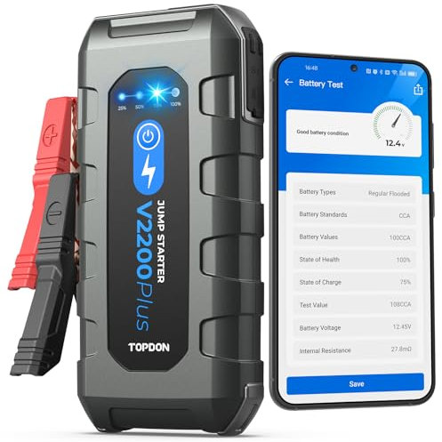 TOPDON V2200 Plus Starthilfe Powerbank & Batterietester 2-in-1 2200A Booster Jump Starter für bis zu 8L Gas/6L Diesel Motoren 12V Autobatterie Starthilfe