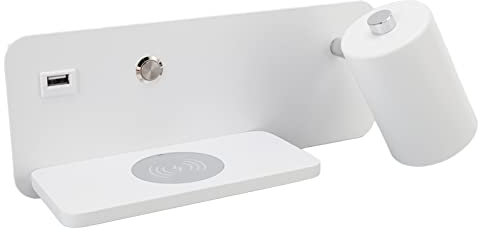 LED-vägglampa med USB-, Trådlös Laddning för Vardagsrum, Sovrum, Spotlight GU10, Strykjärn (Vit höger)