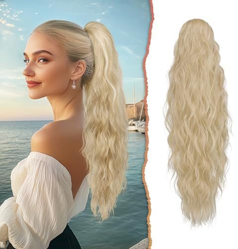 Sofeiyan Ponytail Extension, 66 cm Lang Gewellt Pferdeschwanz Haarteil mit Kordelzug Pferdeschwanz Haarverlängerungen Zopf Synthetik Haar Extensions Zopf für Frauen,Hellgoldenes Gemischtes Bleichblond