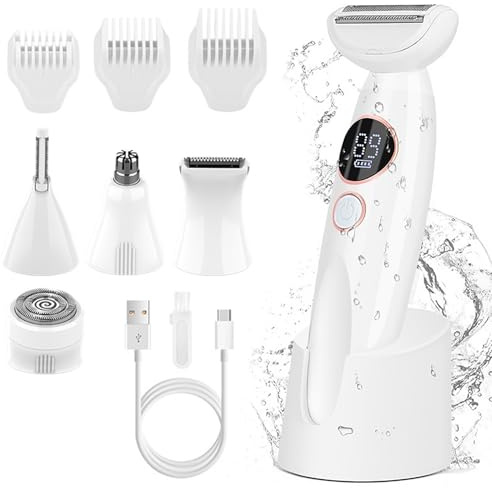 Rasoir électrique 5 en 1 pour femme, rasoir intime pour femme, épilateur pour le visage et le corps, IPX7 étanche, utilisation humide et sèche, tondeuse rechargeable pour maillot, aisselles, jambes
