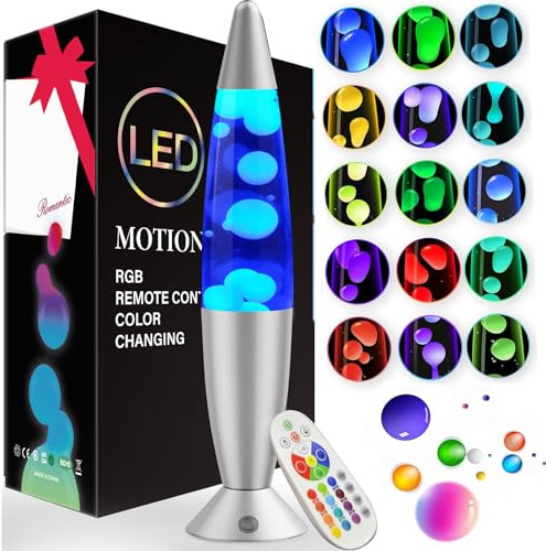 FOOING Lavalampe Led Farbwechsel Steuerbar mit Fernbedienung | Lavalampen xxl mit Fernbedienung | Lavalampe Dimmbar Nachttischlampe | Glitzer Lampe lila/blau/grün-40cm Silber