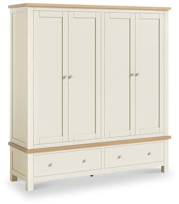 RoselandFurniture Farro Cream 4 Door Wardrobe for Bedroom | Extra Large Wooden Closet with Oak Trim, Painted Finish, Classic British Traditional Style, H183cm W170.5cm