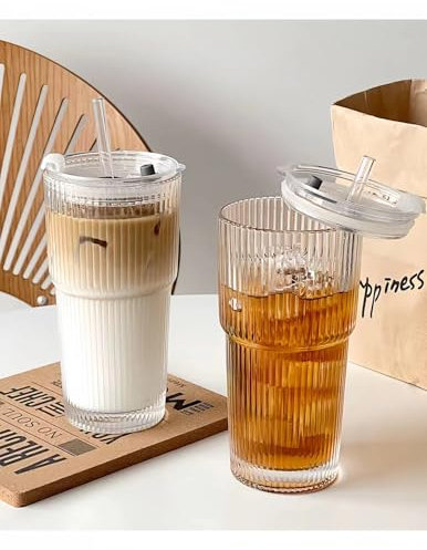 BUOAZR Juego de 2 600ml Vaso de Vidrio con Tapa y Pajitas y Cepillo de Cristal, Diseño de Rayas Verticales, Taza de Agua Sello, Tazas de Café Helado, Taza de Viaje de Vidrio pare Café, Batidos, Jugo