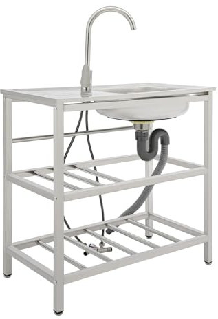 Banco de trabajo de acero inoxidable, fregadero independiente, fregadero móvil, fregadero de cocina de acero inoxidable, lavabo multifunción con grifo, para exteriores y camping (modelo B)