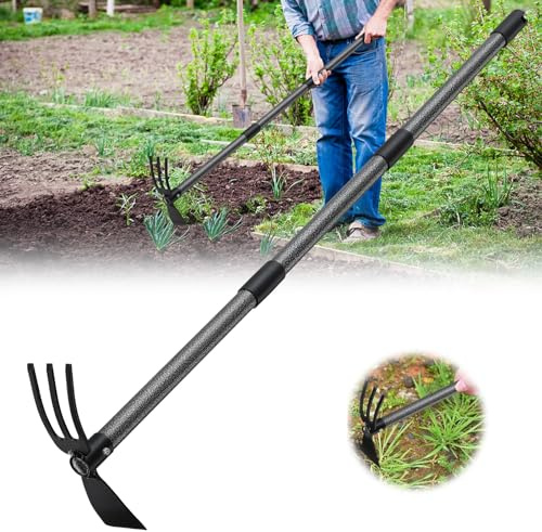 Lilyvane Garden Hoe, 2 in 1 Hand Hoe Garden Tools,45 Inch Long Handle,Garden Hoe and Cultivator for Weeding Cultivating Planting, Small Hand Rake Tiller for Flower Bed Gardening, Loosening Soil