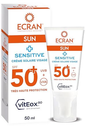 ECRAN® - Crème Solaire Visage Peaux Sensibles - Très Haute Protection - Technologie vitEox80 - Vitamine E - Protection UVA, Lumière Bleue, Coups de Soleil - Protection Solaire SPF 50+