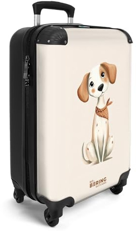 NoBoringSuitcases© Handgepäck Koffer Kinder Kinderreisekoffer Kinderkoffer | 55x35x20 cm - mit Roller Leicht Cabin Trolly Hartschalenkoffer Kind Hund - Welpe - Braun - Beige