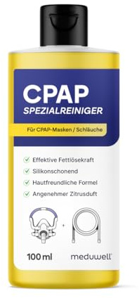 meduwell CPAP Reiniger für CPAP Masken Schläuche und Zubehör, 100ml Reisegröße, effektiv fettlösend, silikonschonend und hautfreundlich, angenehmer Duft, Spezialreiniger