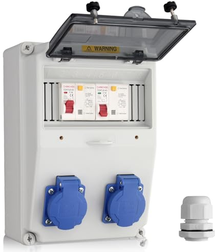KAMTOP Distribuidor de Corriente de Pared 16A con 2 Enchufes Schuko, Protección FI y Disyuntor, Caja Estanca IP66 Impermeable, Ideal para Talleres, Cobertizos, Jardines y Uso Exterior