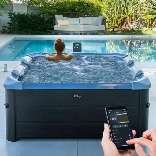 Miweba MSpa Whirlpool Outdoor | Frame Oslo Sapphire mit Fester Außenwand - Pool mit App Steuerung - 6 Personen Spa 160x160cm - UVC+ Wasserreinigung - Aufstellpool - Hot Tub