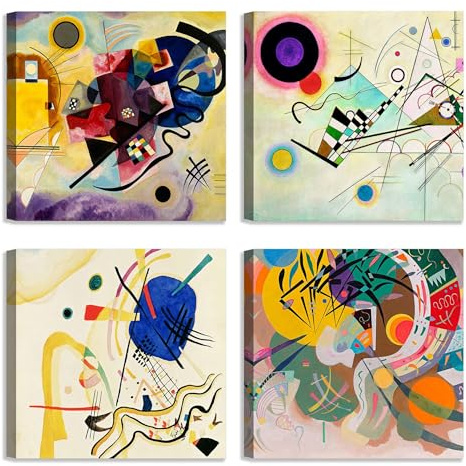 LuxHomeDecor Set di 4 quadri 30x30 cm – stampa su tela con telaio in legno stile astratto geometrico – Wassily Kandinsky