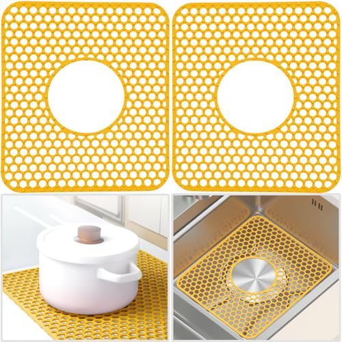 HvOvMvE Silicone Sink Protectors for Kitchen - Non-Slip Heat Resistant Grid Mat for Farmhouse Porcelain Stainless Steel, Protects & Cushions Your Sink(Yellow 2PCS, 12.4x10.4 Center Drain)