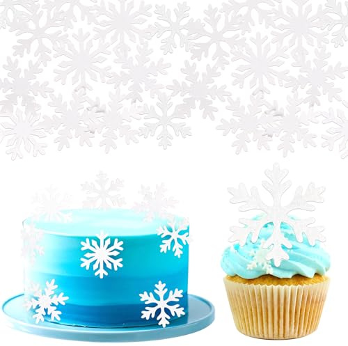 60 Pack Edible Snowflake Cupcake Toppers Wafer Paper Frozen Cake Decorations Edible Frozen Cupcake Toppers for Winter Snowflake Theme Baby Shower Birthday Party Cake Decorations Supplies White
