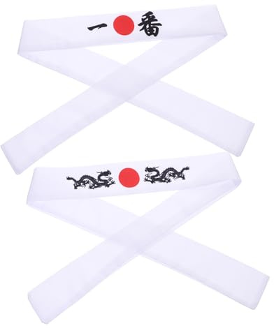 HEMOTON Bandeaux de Sport Japonerie à Dragon en Tissu Extensible, Accessoires pour Hommes, pour Sport, la Cuisine et Entraînement, Lot de 2 Pièces Blanc, Taille Ajustable