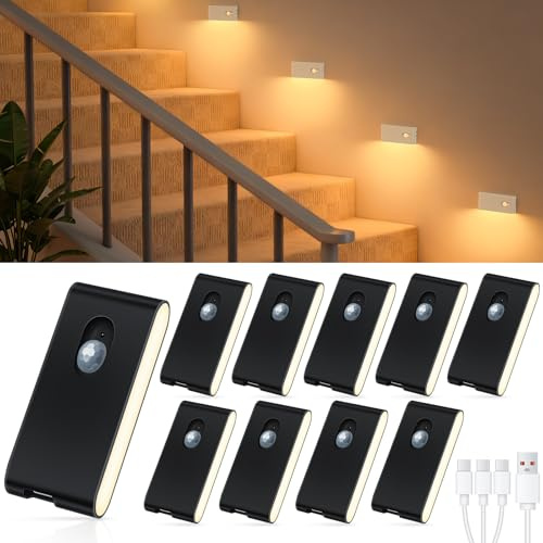 WILLED 10 Pezzi Luce Notturna Bambini Sensore Movimento Nera, Luci LED Caricabile USB con 3 Modalità, Ideale per Scale, Corridoio, Cucina, Camere da Letto e Bagno