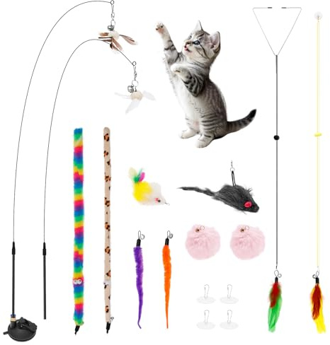 BAODBF Interaktives Katzenspielzeug Angel mit Feder,Katzen Spielzeug Katzenangel mit Verbesserter Saugnapf Maus,Langlebig Katzenspielzeug Selbstbeschäftigung,Intelligenz Spielzeug für Katzen
