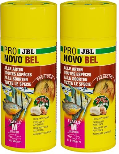 JBL PRONOVO Bel Flakes, Hauptfutter für alle Aquarienfische von 8-20 cm, Fischfutter-Flocken, Größe M, 250 ml (Packung mit 2)