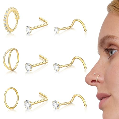 Anello da naso in oro 20G per uomo e donna, in acciaio chirurgico ipoallergenico, doppio anello nasale, 1,5 mm/2 mm/2,5 mm, con zirconi cubici da naso a forma di L, Klein, Acciaio inossidabile