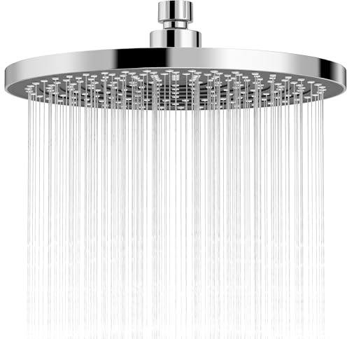 10 Inch High Pressure Rainfall Shower Head, Round Fixed Overhead Rain Shower Head, Adjustable 360° Swivel Ball, Anti-Limescale Self-Clean Nozzles, Water Saving Rain Setting Replacement Polished Chrome