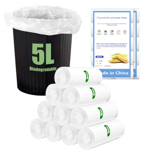 NARYVORA 200 Piezas Bolsas Basura Biodegradable 5L, 10 Rollen 40x45cm Bolsa Basura, 1.2 Gal Prueba de Fugas Bolsas de Basura para Sala de Estar, Cocina, Baño, Oficina, Blanco