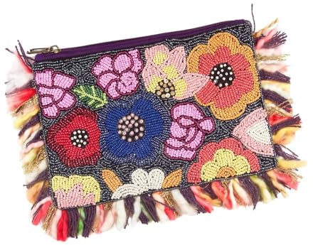SITARA Bolso de Fiesta Mujer con Beads y Flecos - Clutch de Mano Boho Chic con Cremallera y Forro de Algodón · Cartera Étnica para Boda, Evento y Noche - Hecho a Mano