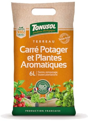 Terreau Carré Potager et Plantes Aromatiques 6L TONUSOL – Semis, Rempotage, Toutes Plantations, Convient Basilic, Thym, Persil, Menthe, Utilisable en Agriculture Biologique - Fabriqué en France
