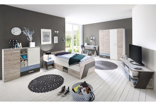 Lomadox Jugendzimmer Kinderzimmer Komplett Set, Eiche mit weiß, Lava blau, 90x200 cm Kojenbett, Kleiderschrank, Schreibtisch, Nachtschrank, Kommode, Lowboard