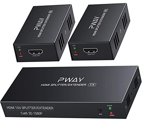 PW-HTS0102 (POC) 1X2 Splitter HDMI Extensor de Divisor Puerto sobre Cat5e/Cat6 Cable Ethernet con Control Remoto Sin demora hasta 50m/165ft y Resolución hasta 1080P@60 Hz (1 In 2 out)